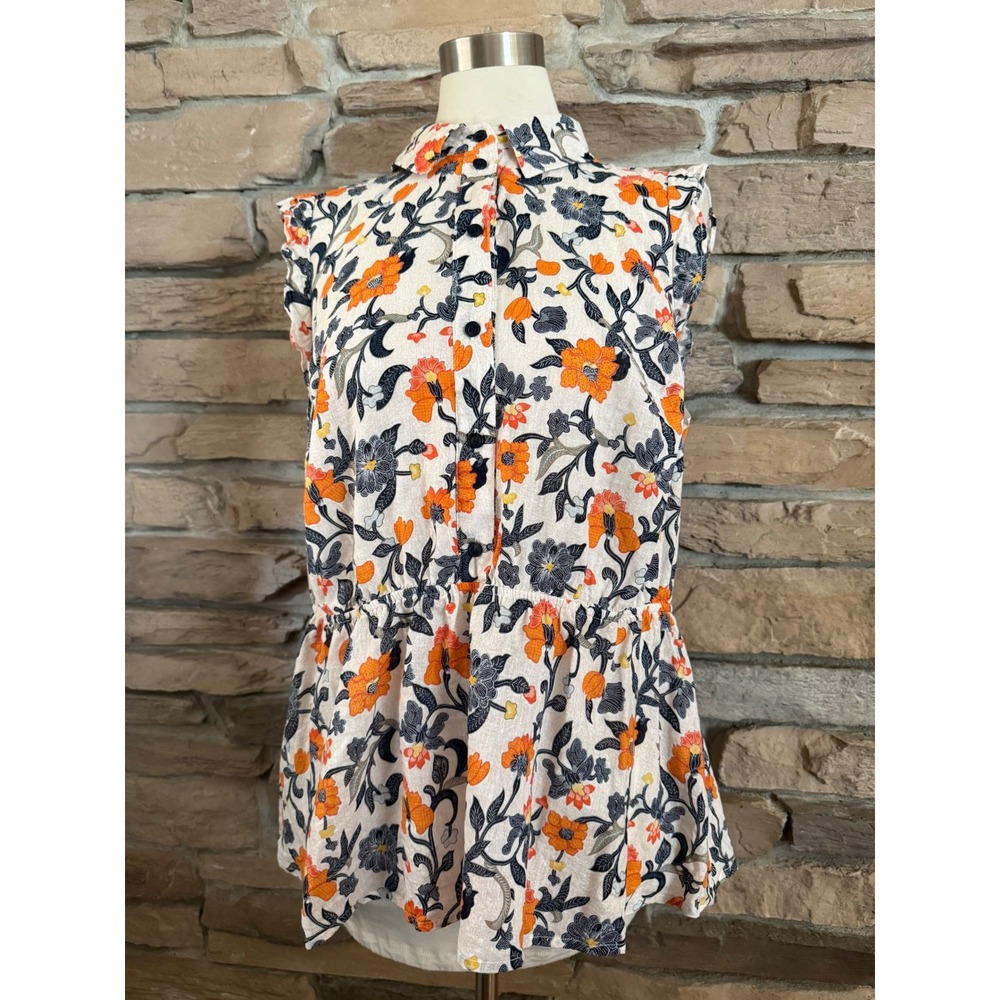 Lane Bryant Orange Navy Floral Linen Blend Peplum Sleeveless Button Top